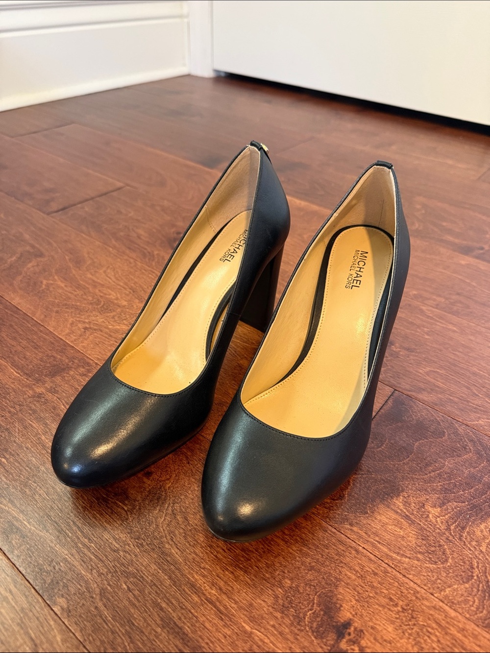 Michael Kors Black Leather Round-Toe Block Heels